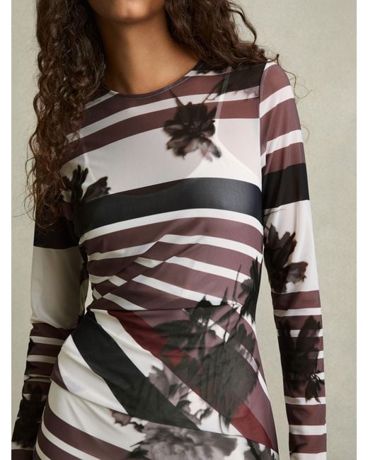 Reiss Natural Burgundy & Abstract Print Ruched Dress
