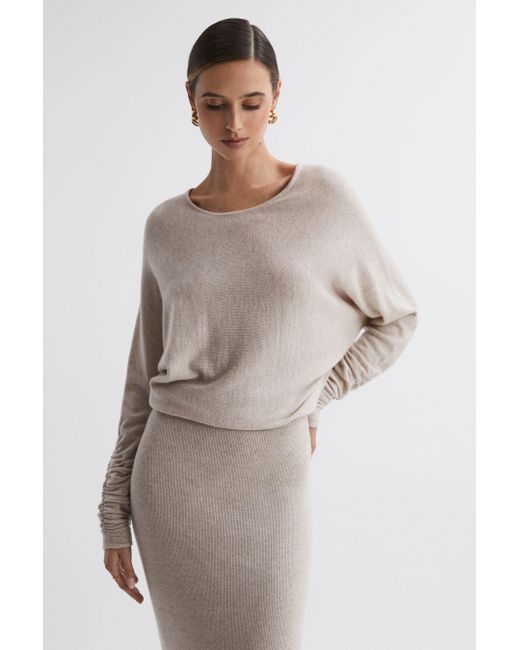 Reiss Natural Leila - Neutral Petite Wool Blend Ruched Sleeve Midi Dress