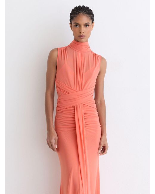 Reiss Red Sheer Ruched Sleeveless Maxi Dress