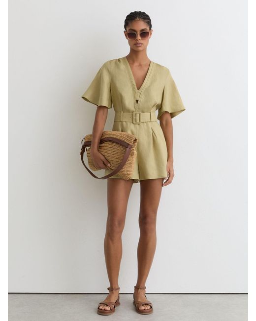 Reiss Sansi - Green Linen Short-sleeve Belted Playsuit, Us 8