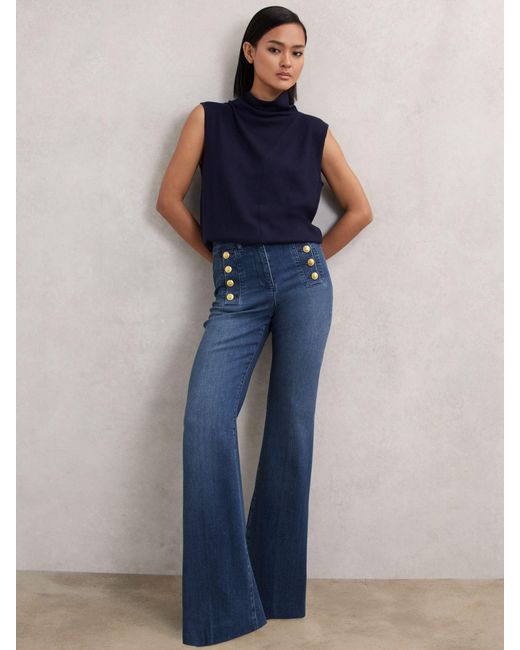 Reiss Blue Button-Detail High-Rise Flared Jeans