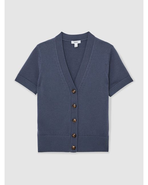 Reiss Blue V-Neck Short-Sleeve Cardigan Cotton-Wool