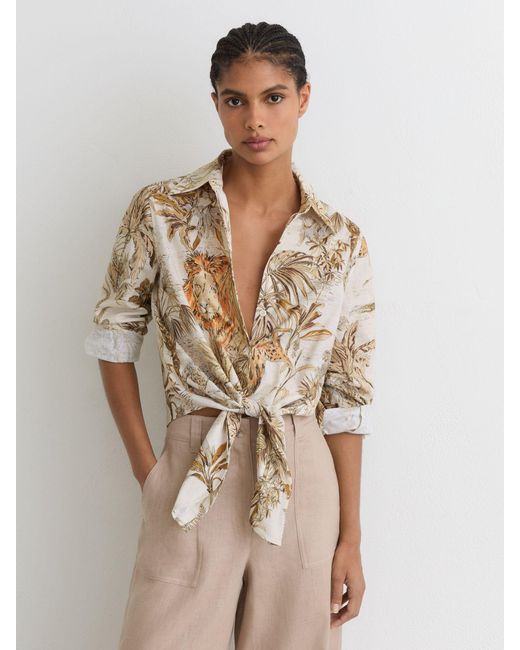 Reiss Natural Cece - Neutral Cotton Safari-print Tie-front Shirt, Us 12