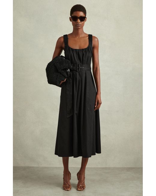 Reiss Brown Liza - Black Cotton Ruched Strap Belted Midi Dress
