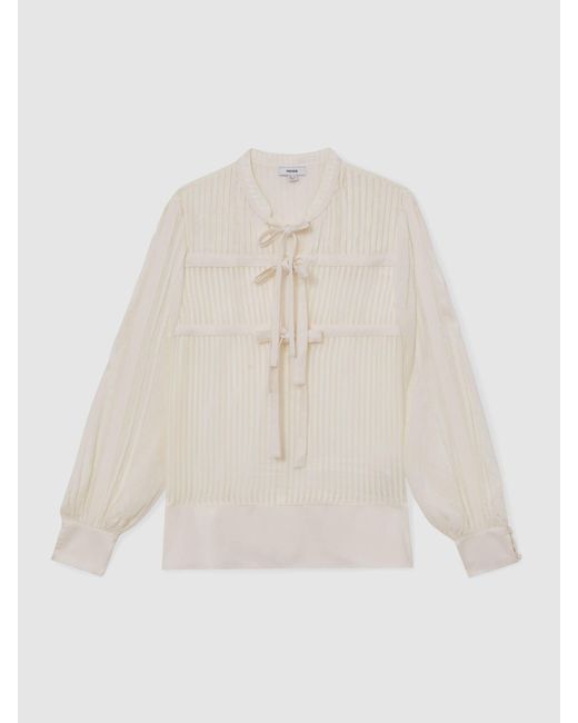 Reiss Natural Tie-Detail Shadow-Stripe Blouse
