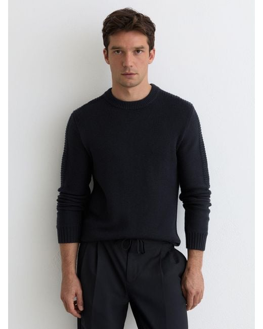 Reiss Black Wool-Blend Rib-Detail Crew-Neck Jumper for men