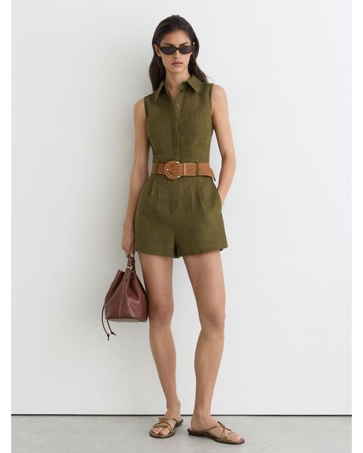 Reiss Green Linen Sleeveless Belted Playsuit