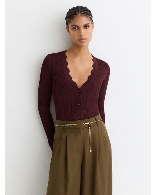 Reiss Red Rib-Knit Scallop-Trim Cardigan