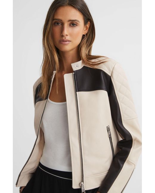 Reiss Natural Adelaide - Black/neutral Leather Collarless Quilted Jacket