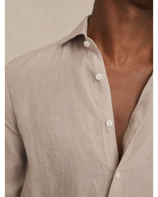 Reiss Natural Ruban - Mink Brown Linen Button-through Shirt, M for men