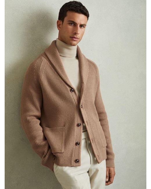 Reiss Brown Ribbed Shawl-Collar Cardigan With Cotton And Wool for men