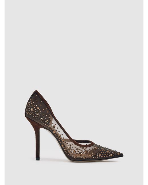 Reiss White Crystal-Embellished Mesh Court Shoes