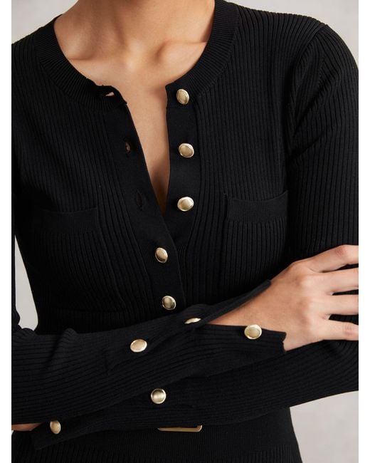 Reiss Black Buttoned Rib-Knit Midi Dress