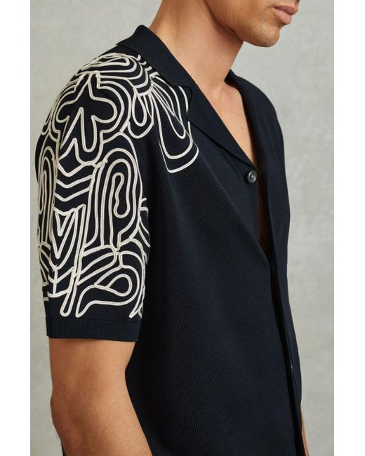 Reiss Blue Romance - Navy Jersey Embroidered Cuban Collar Shirt for men