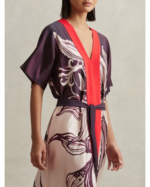 Reiss Red Hanna Printed Front Split Midi Dress, Cream & Burgundy