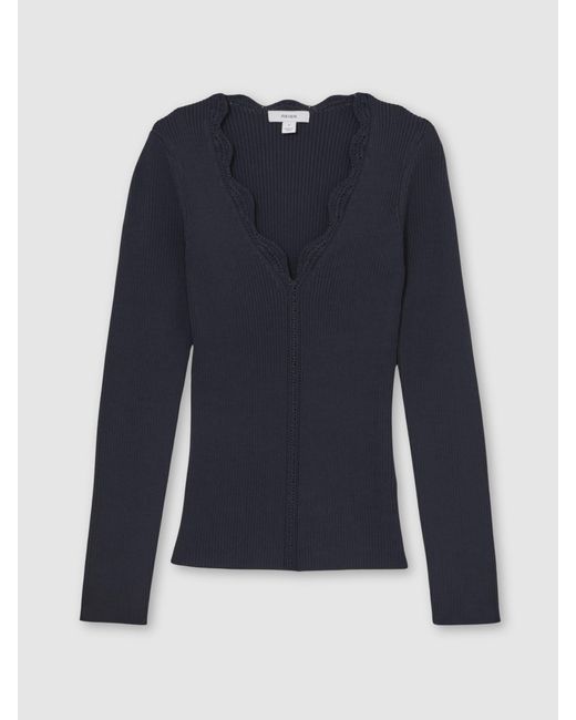 Reiss Blue Crochet-Trim Rib-Knit Top
