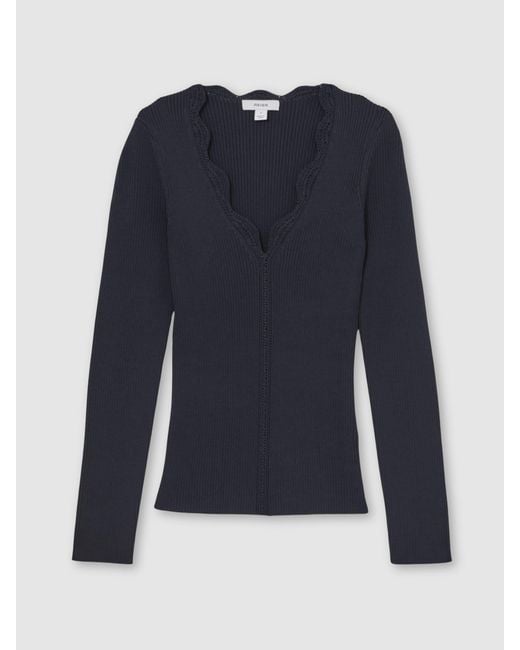 Reiss Blue Crochet-Trim Rib-Knit Top