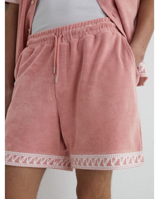 Reiss Yuma - Soft Pink Cotton-blend Towelling Embroidered Shorts, M for men