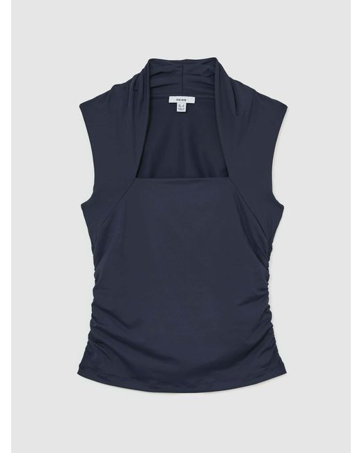 Reiss Blue Square-Neck Ruched Sleeveless Top