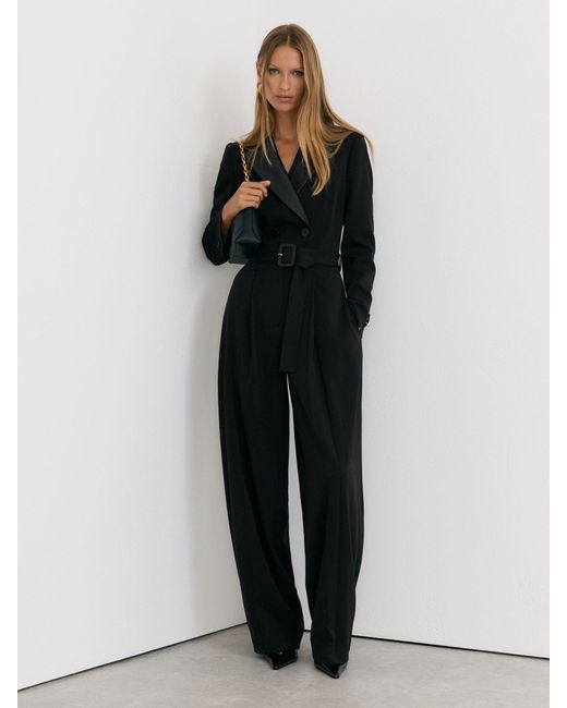 Reiss Black Tuxedo Wide-Leg Belted Jumpsuit
