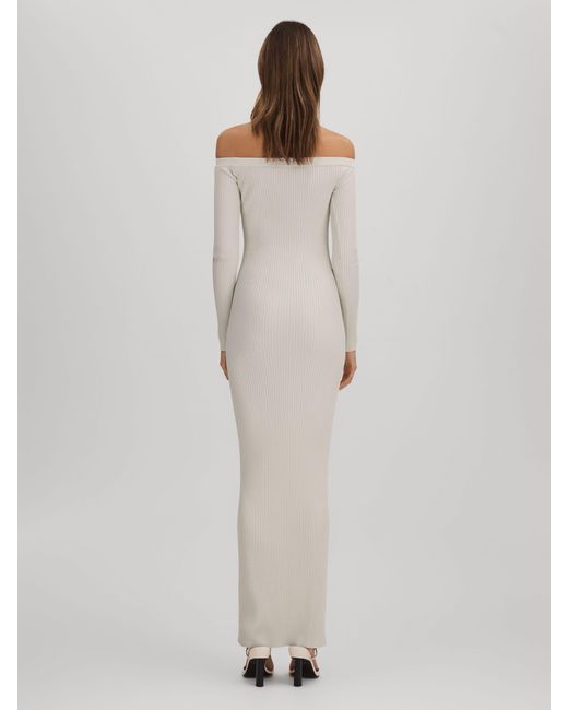 GOOD AMERICAN Gray Ribbed Off The Shoulder Maxi Dress