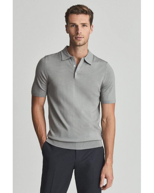 Reiss Gray Blair - Pale Sage Green Wool Press Snap Polo Shirt for men