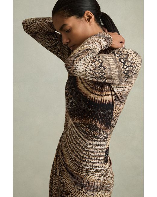 Reiss Natural Naomi - Brown Snake-print Draped Midi Dress, S (us 4-6)
