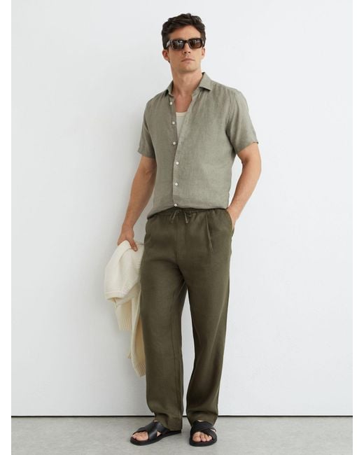Reiss Green Slim Fit Linen Button-Through Shirt for men