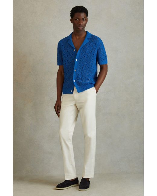 Reiss Corsica - Bright Blue Crochet Cuban Collar Shirt, Xl for men