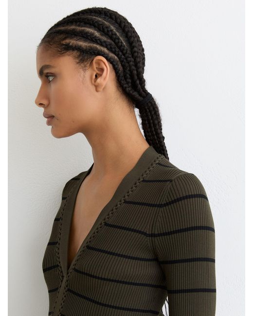 Reiss Gray Khaki & Stripe Craft-Stitch Rib-Knit Top