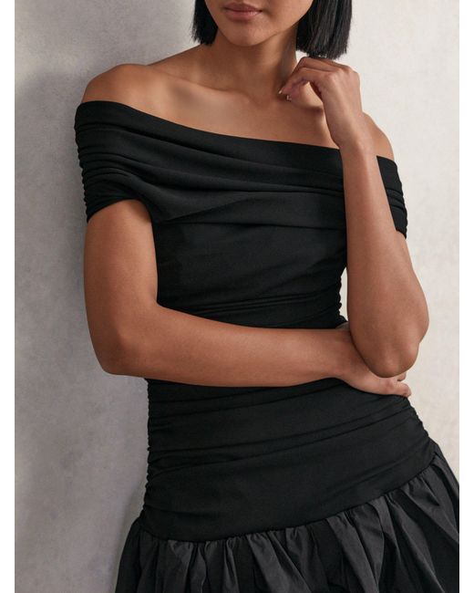 Reiss Black Off-Shoulder Puffball Mini Dress