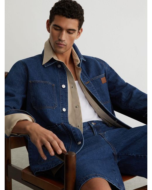 Reiss Blue Monogram-Patch Relaxed Denim Overshirt for men