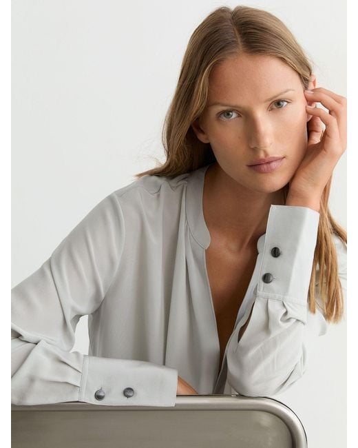 Reiss White Matte Silk Draped Shirt