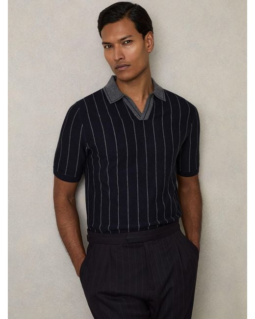 Reiss Blue Huntsman - Navy Wool Open-collar Striped Polo Shirt, M for men