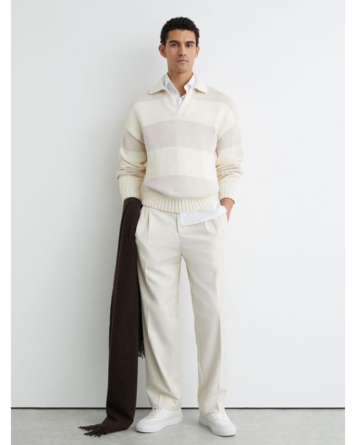 Reiss Gray Off & Oatmeal Melange Cotton-Blend Open-Collar Rugby Jumper for men