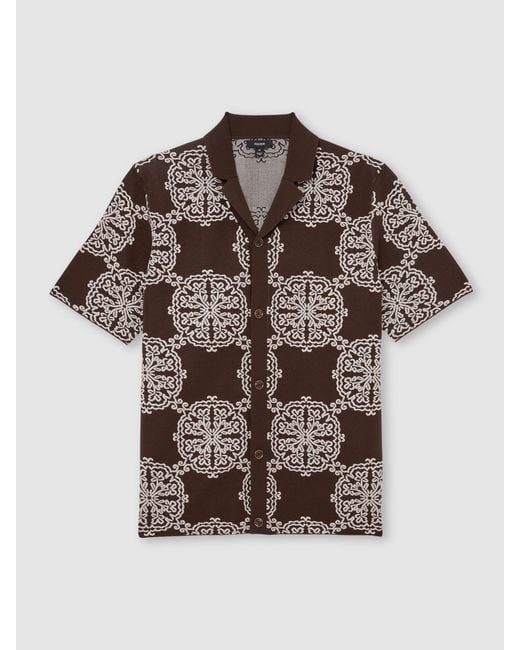 Reiss Brown Tobacco & Jacquard Knit Cuban-Collar Shirt for men