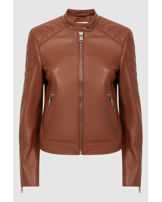 Reiss Blue Adelaide - Tan Leather Collarless Quilted Jacket, Us 8