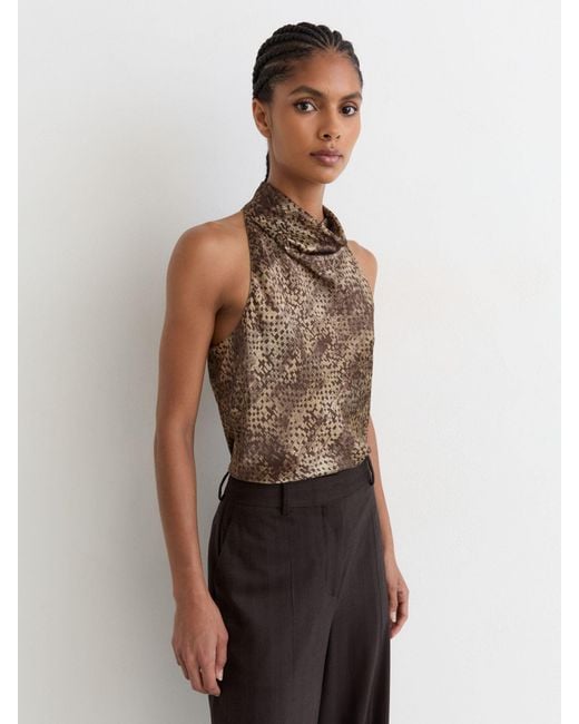 Reiss Brown Silk Printed Cowl-Neck Sleeveless Top