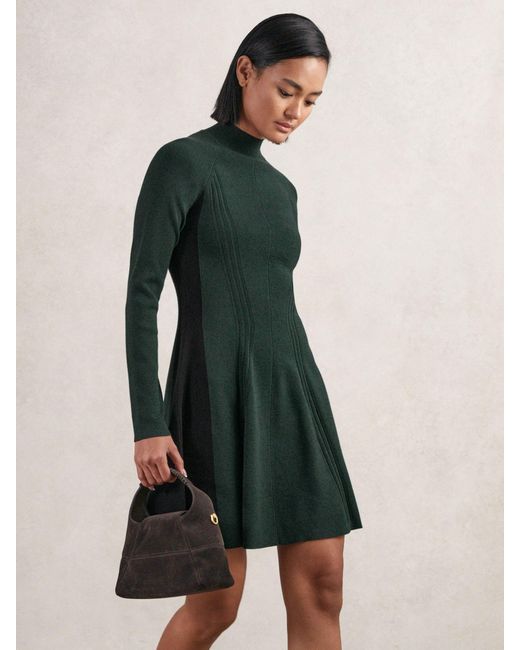 Reiss Green Knitted Contrast-Panel Skater Dress