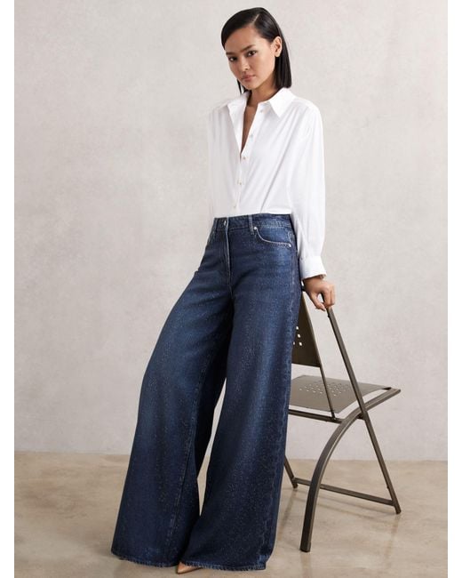 Reiss Blue Mimi Wide-Leg Crystal-Embellished Jeans