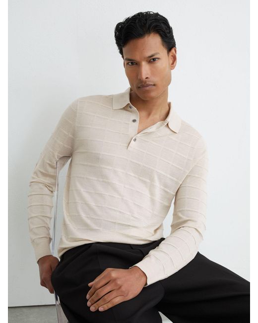 Reiss White Pallas - Ecru Check-texture Long-sleeve Polo Jumper With Wool, Xxl for men