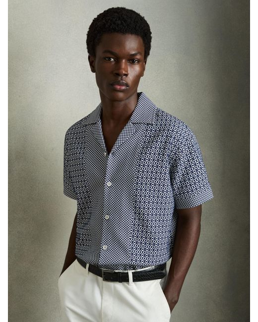 Reiss Gray Geometric-Jacquard Cuban-Collar Shirt for men