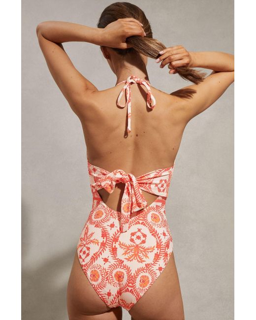 Reiss Multicolor Leonora - Cream/coral Printed Plunge Neck Swimsuit