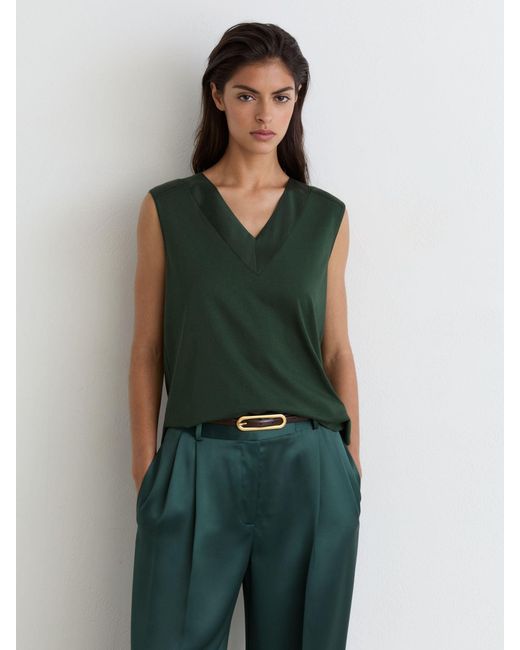 Reiss Kallie - Teal Green Cotton-modal Silk-trim Sleeveless Top, M