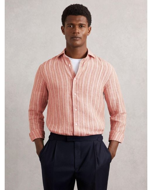 Reiss Pink Rose & Bengal Stripe Linen Striped Long Sleeve Shirt for men
