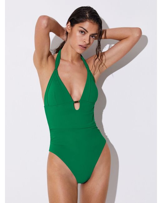 Reiss Green Pleat-Detail Halterneck Swimsuit