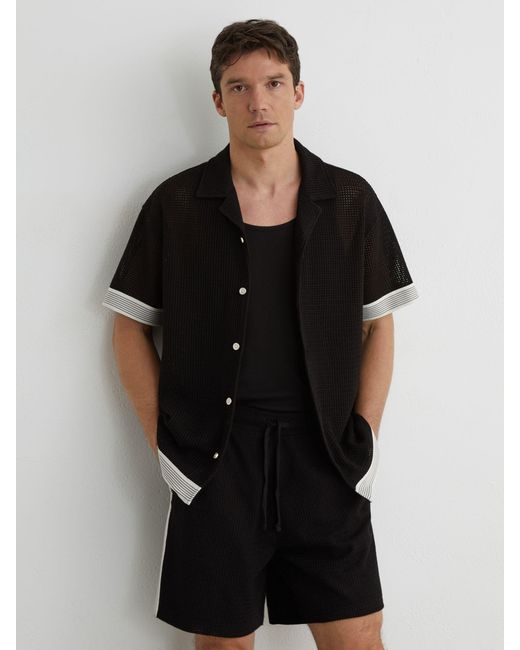 Reiss Black Cotton-Blend Tape-Trim Crochet Shirt for men