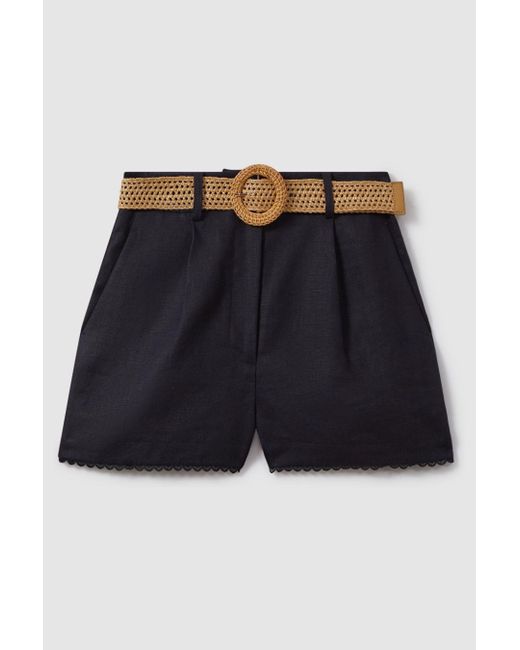 Reiss Blue Belle - Navy Linen Belted Shorts, Us 6
