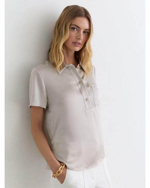 Reiss White Polly - Light Grey Silk Half-button Short-sleeve Shirt, Us 14