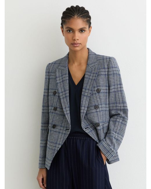 Reiss Blue Check Larissa Double-Breasted Check Blazer Cotton-Linen